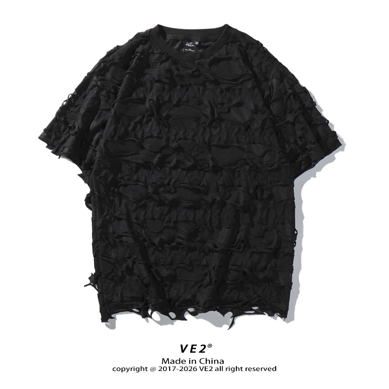 Hip Hop Ripped Hole Tshirt Men Youth Loose Casual Transparent Tee Shirt Homme See Through Nightclub Party Perform Streetwear 2XL 210629