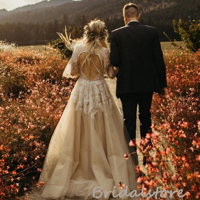 Keyhole Back Gold Boho Wedding Dress Gothic With Lace 2022 Long Sleeve A line Beach Wedding Dresses Elegant Plus Size Country Bridal Gowns Women Vesti