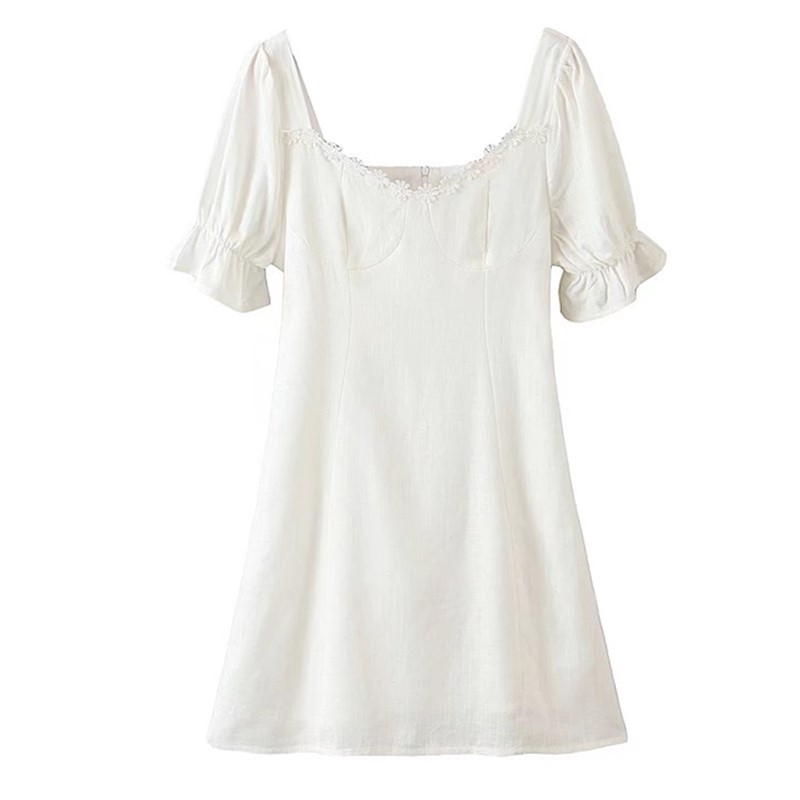 Retro Stitching Lace Square Collar Short Sleeve Dress for Woman White French Mini Dresses Holiday 210429