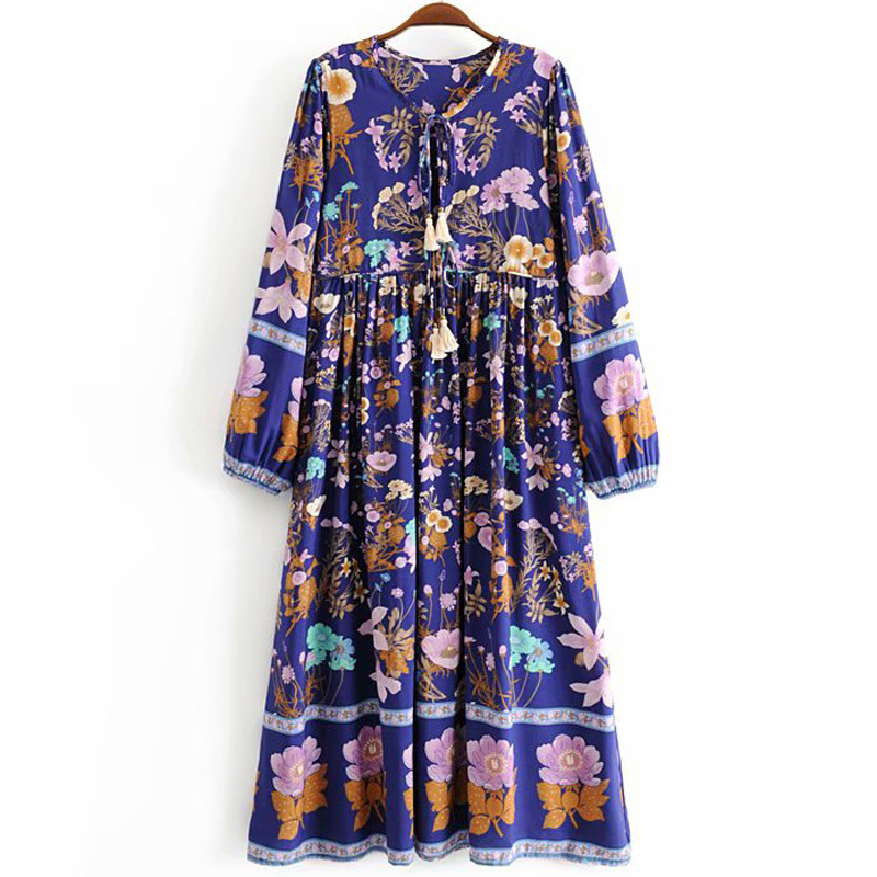 V-neck Vacation Style Waist Tassel Female Dress Solanum Print Long-sleeved Seaside Beach Female Dress Summer 210507