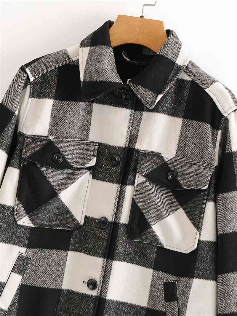 black and white plaid women pocket shirt autumn fashion oversize streetwear female turn down collar thick 210430