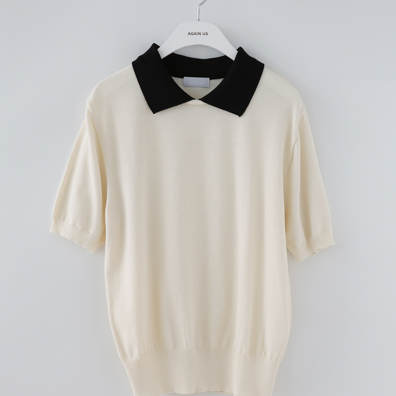 Summer Korean Tees Short Sleeve Knitted T Shirt Temperament Turn Down Collar Shirts Vintage Stripe Casual Tops Mujer 210519