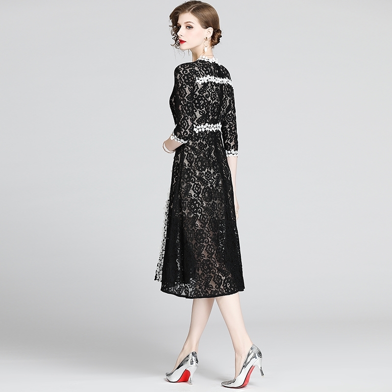 Elegant Black Lace Dress Women Spring Half Sleeve Long es Bow Diamond Patchwork Summer Vestidos 210520