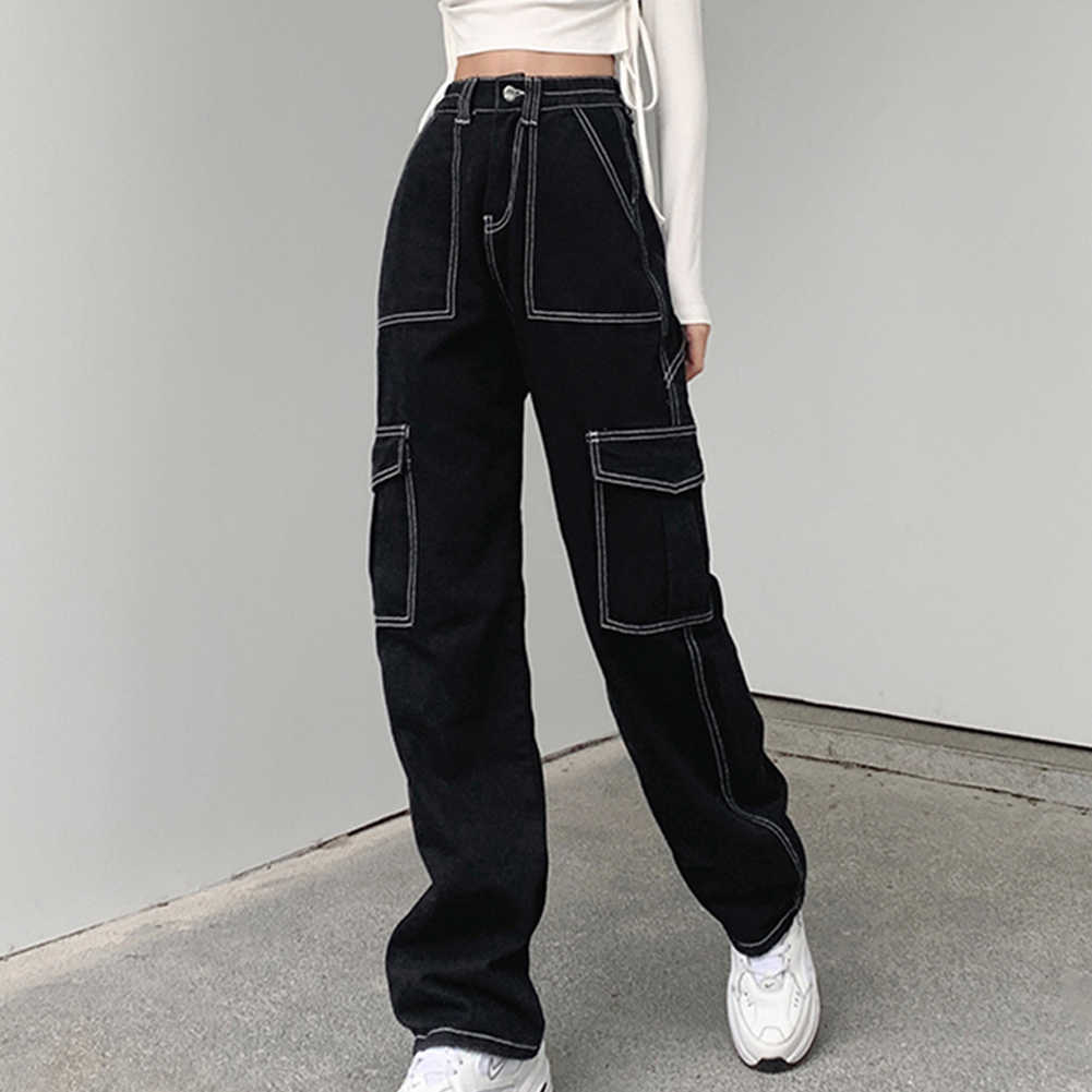 Harajuku Y2K Multi Pockets Patchwork Baggy High Waist Jeans Streetwear 100% Cotton Women Denim Trouser Loose Pants Punk 210922