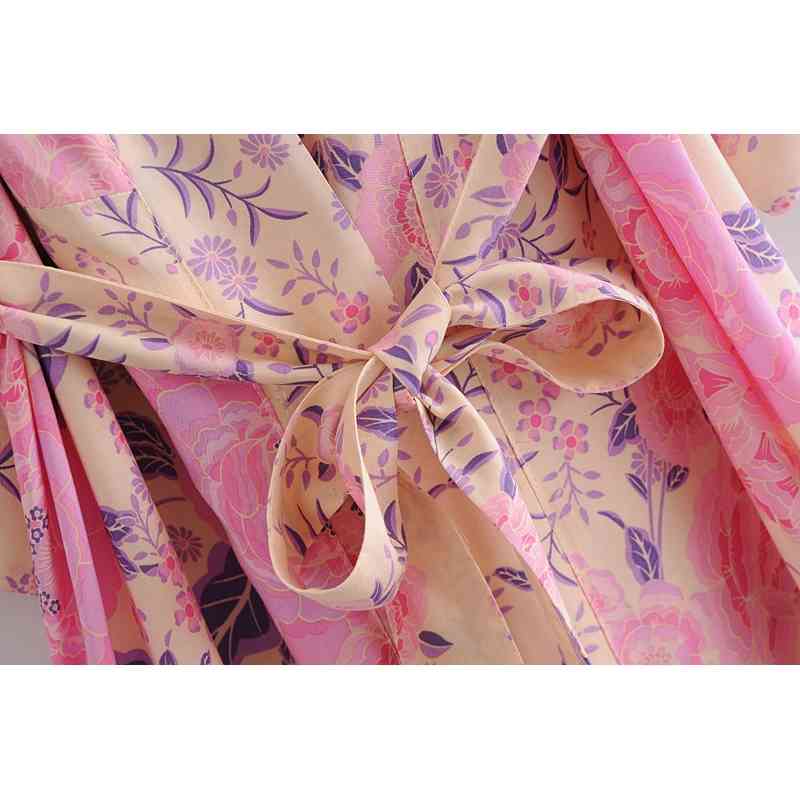 Bohemia V neck Pink Flower Print Maxi Long Kimono Cardigan Ethnic Women Tie Bow Sashes Shirt BOHO Loose Blouse Tops Holiday 210429