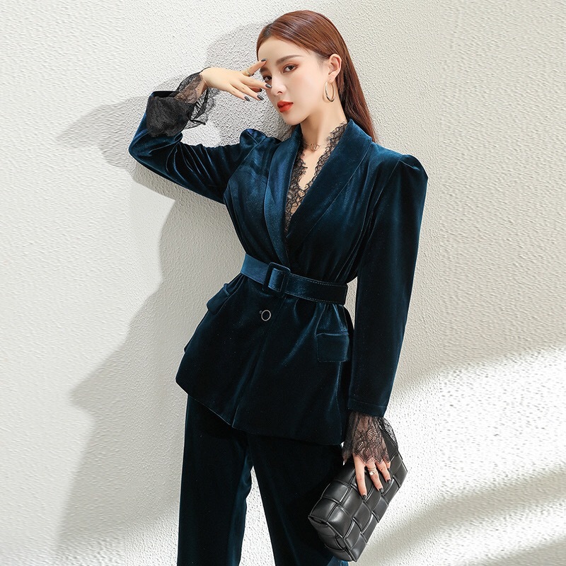 Two-pieces Set Elegant High-quality Women's Suit Long Pants Fashion Sleeve Ladies Jacket Casual Lace Velvet Flared 210421