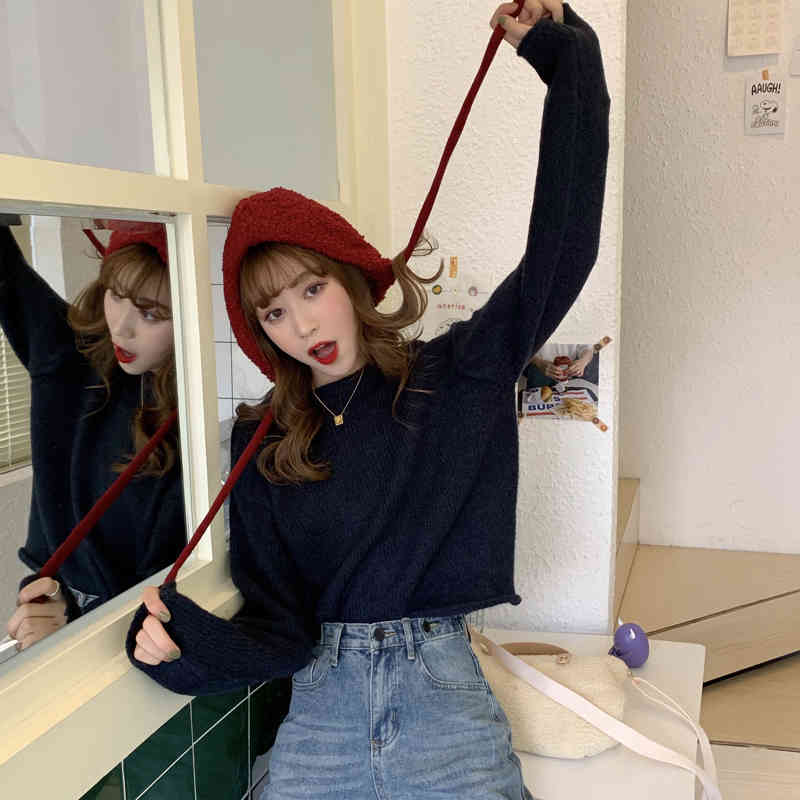 3 colors Korean style Basic short Knitted Sweater Women Autumn Winter soild Color roll up sweaters and pullovers womens (C9399) 210423