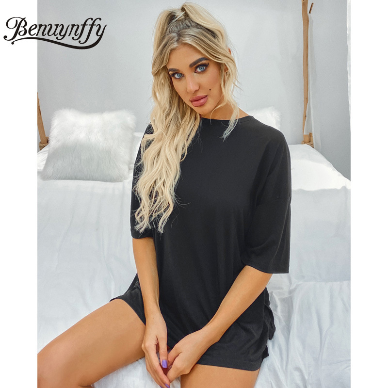 Black Cutout Tie Back Split T-Shirt Women Summer O-Neck Short Sleeve Loose Tee Clothes Street style Tops for Woman 210510