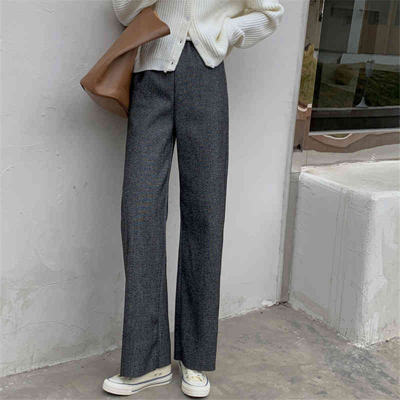 Black High Waist Straight Pants Women Solid Chic Woolen Elegant Minimalist All Match Casual Trousers 210421