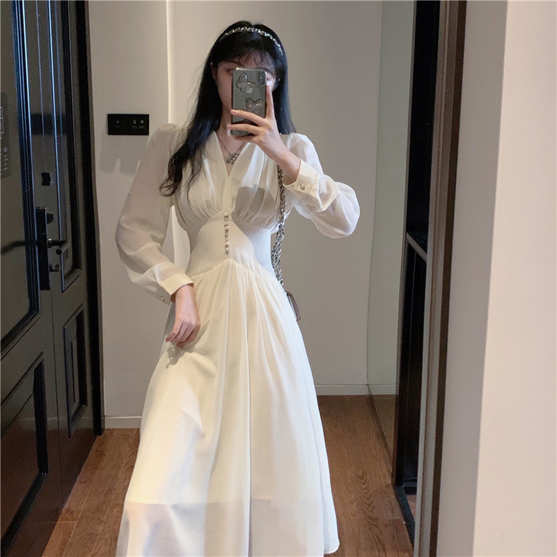 Korean Spring Women Sexy V-Neck Apricot Chic Party Dress Feminine Elegant Chiffon High Waist Long-Sleeved Midi 210519