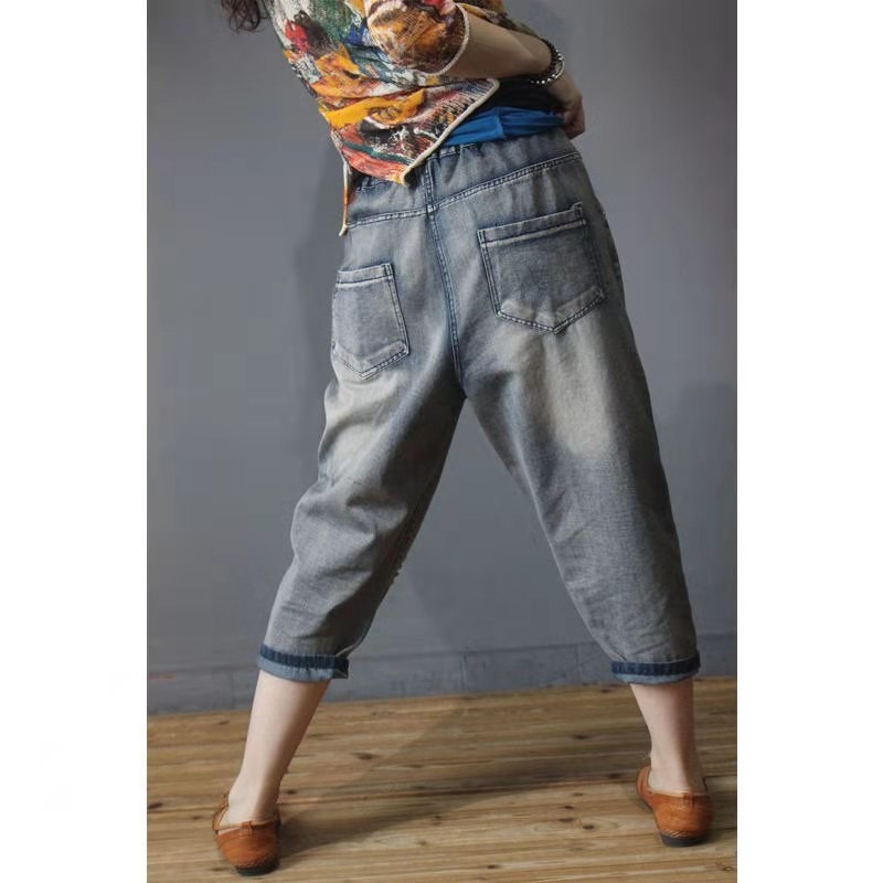 Arrival Summer European Style Women Loose Casual Elastic Waist Harem Pants Vintga Embroidery Cotton Denim Jeans W97 210512