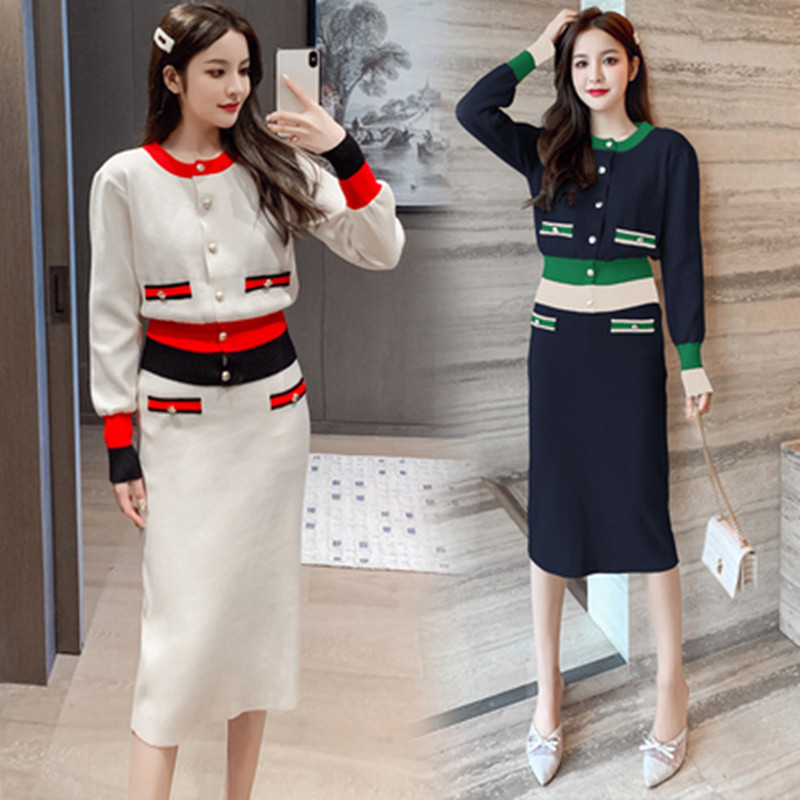 Korean Knitted 2 Piece Skirt Sets Women Single-breasted Splicing Sweaters + Elastic Force Skirt Suits Casual Fashion Elegant Set, Blue
Korean Knitted 2 Piece Skirt Sets Women Single-breasted Splicing Sweaters + Elastic Force Skirt Suits Casual Fashion Elegant Set, Blue