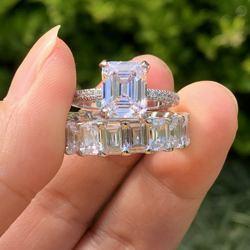 Size 5-10 Wedding Rings Luxury Jewelry Real 925 Sterling Silver Emerlad Cut White Topaz CZ Diamond Gemstones Eternity Women Engagement Couple Bridal R