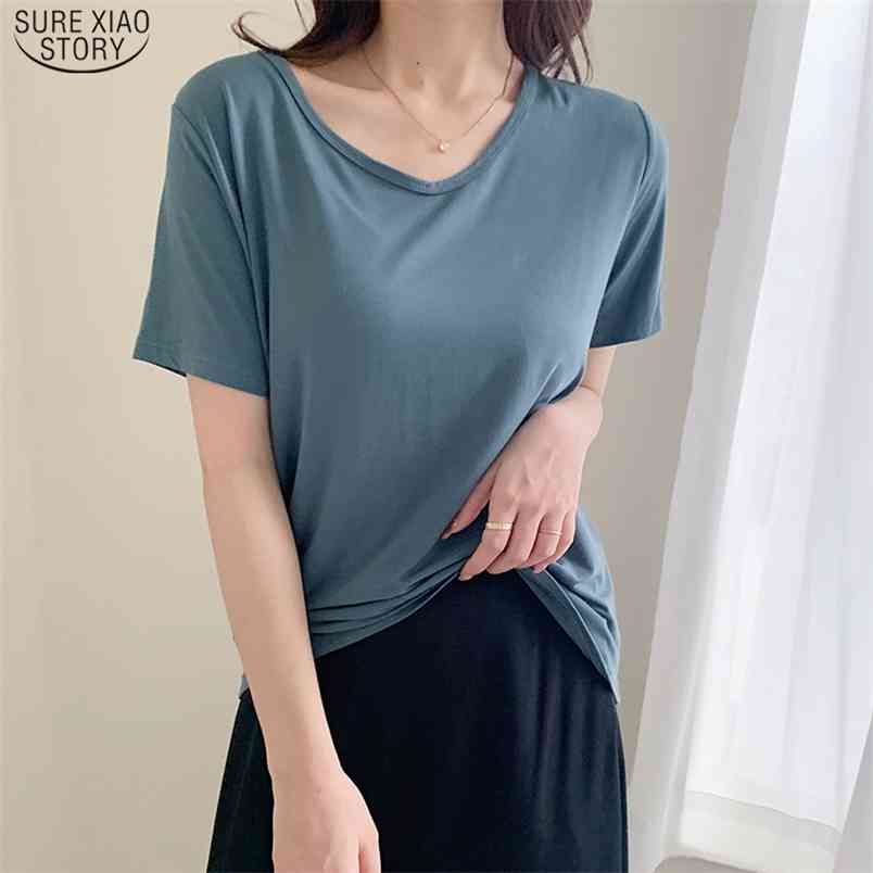 Casual Solid V Neck Pullover Shirts for Women Summer Cotton Short Sleeve Blouse Plus Size Loose Ladies Tops 9262 50 210506