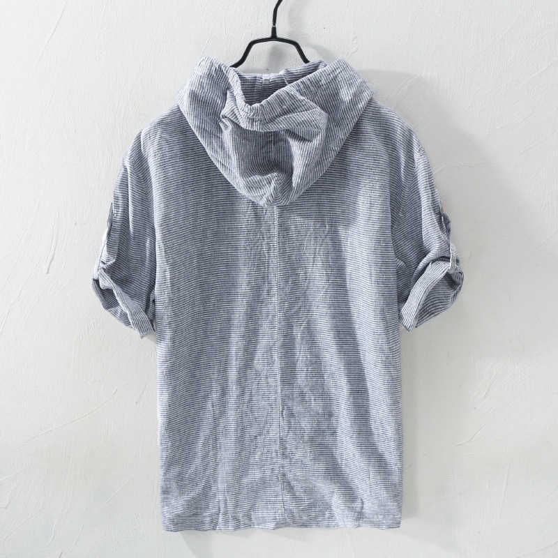 Men Summer Fashion Japan Style High Quality Cotton Linen Short Sleeve Hooded Stripe Casual T-shirts Student Top Male Casual Tee 210715