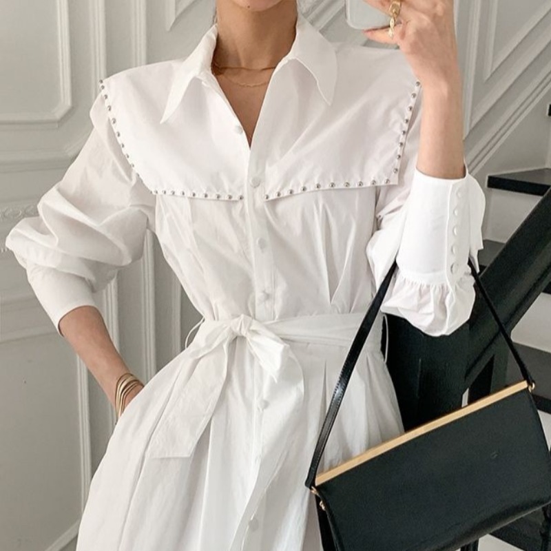 Spring Elegant Rivet Shirts Dress Vestidos Women Clothing Vintage Single-breasted OL Work Lace Up Casual Dresses Female 210518