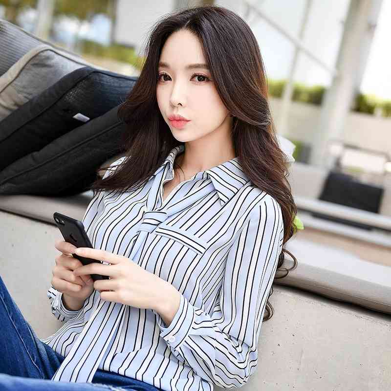Dabuwawa Blue Bow Striped Blouses Women Turn-down Collar Long Sleeve Elegant Workwear Shirts Tops Office Lady DT1CST016 210520