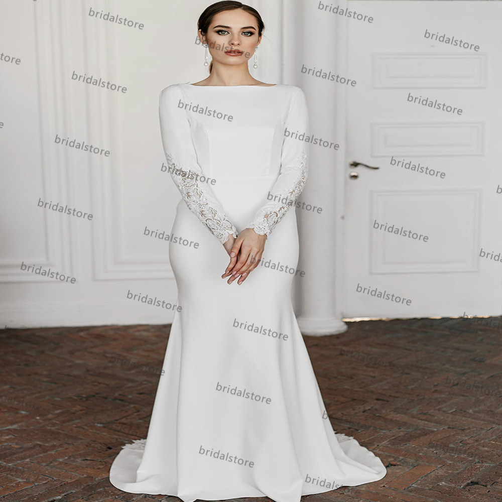 Simple Backless Beach Mermaid Wedding Dress With Long Sleeve Lace Boho Bridal Dresses Chic Satin Civil Bride Gowns Bohemain Women Robes De Mariage Ves
