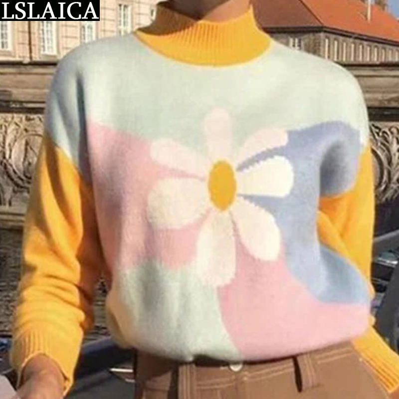 Fashion Long Sleeve Ladies Sweaters Autumn Winter Clothes Casual Women Sun Flower Color Matching Elegant Office Lady 210520