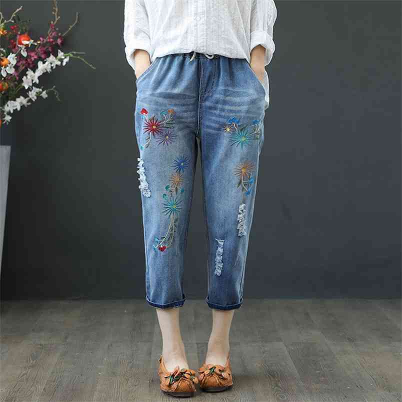 National Style Summer Women Jeans Plus Size Embroidery Elastic Waist Casual Denim Harem Pants Vintage Ripped Big 6XL D131 210512