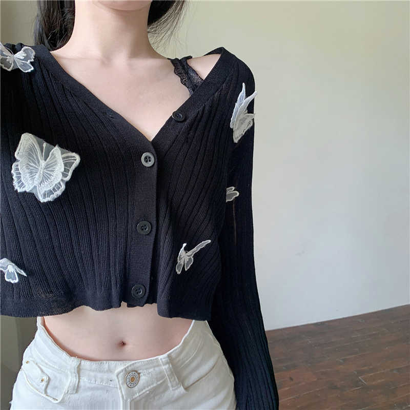 Butterfly Knit Cardigan Korean Sexy V-Neck Fitness Crop Tops Ladies Summer Thin Long Sleeved Sunscreen Jackets 210914