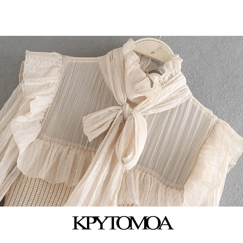 Women Fashion Organza Patchwork Ruffled Knitted Sweater High Neck With Bow Tied Female Shirts Chic Tops 210420