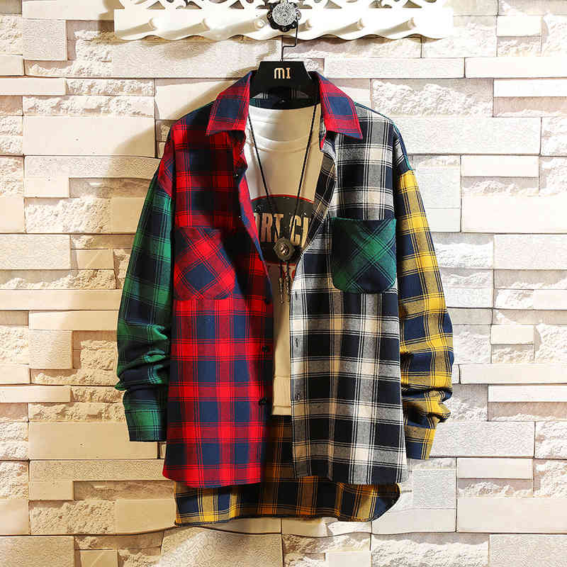 IEFB /autumn personality Korean style trend of color matching plaid shirt men's casual hip hop loose long-sleeved shirt 5XL 0023 210410