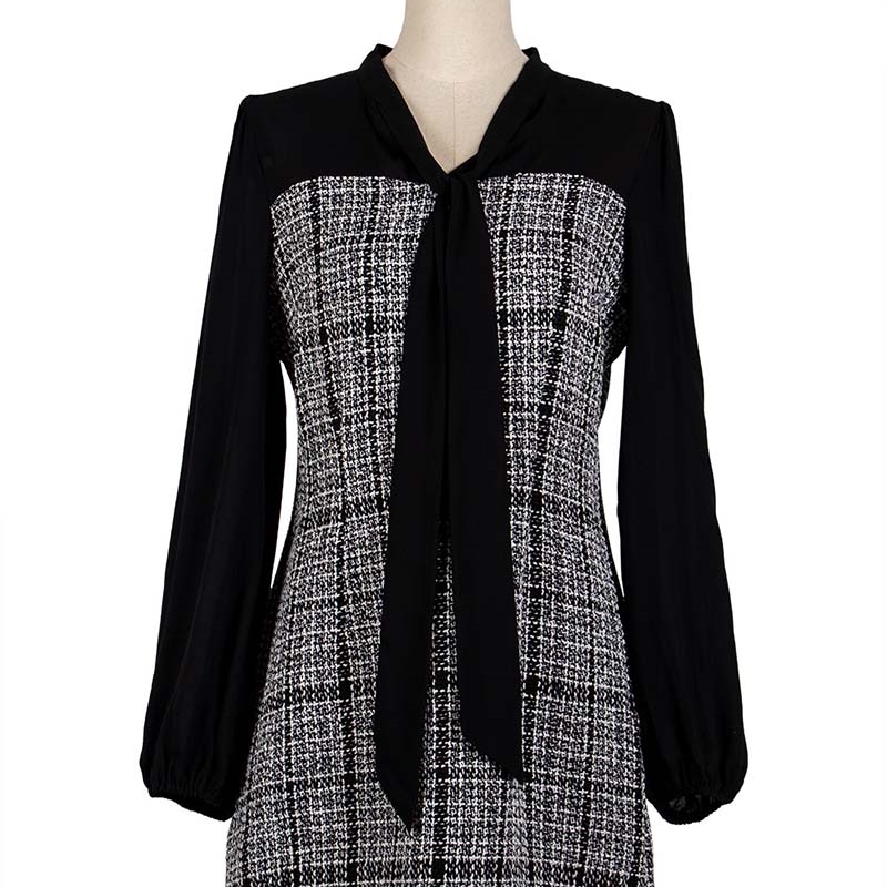 Chic Vintage Knitted Plaid Winter Dress Elegant Bowknot Long Sleeve Patchwork Office Ladies Short A-Line Dresses Vestidos W251 210526