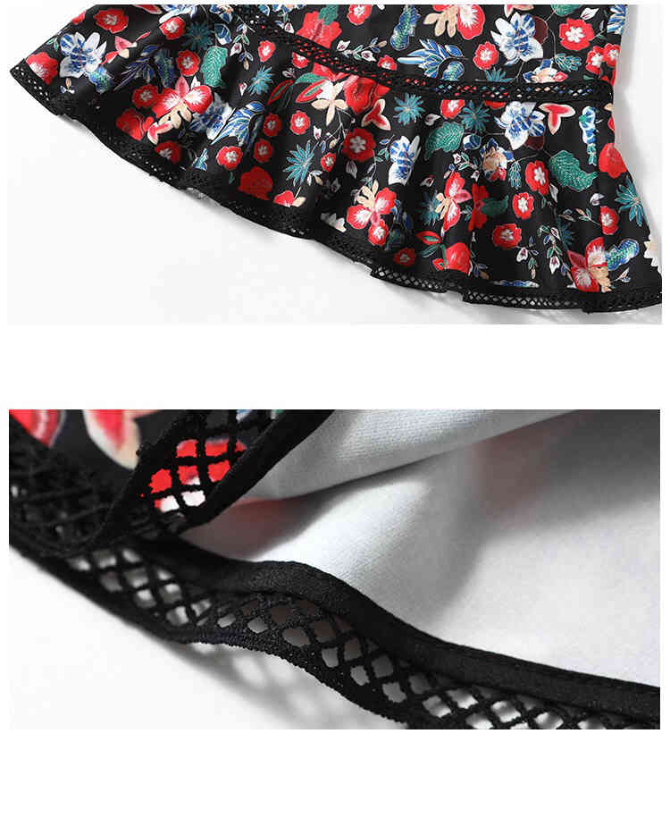 elegant floral printed patchwork hollow out high waist flare short sleeve o-neck summermermaid knee length dresses women 210421