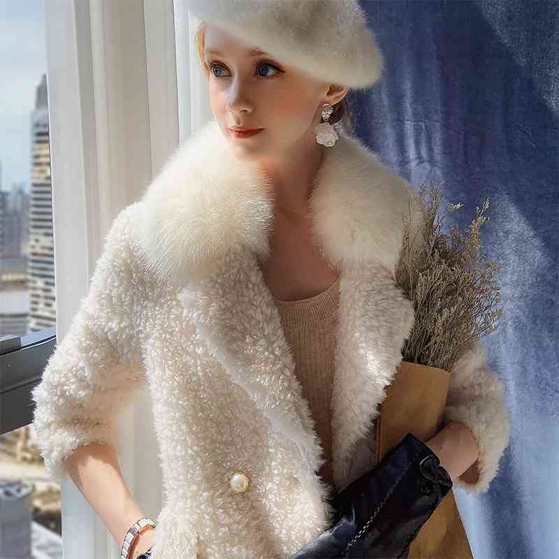 Dauwawa Thick Real Sheep Fur Coat Female Long Furry Fur Collar Outerwear Coat Women Autumn Winter Vintage Warm DT1DFR014 210520