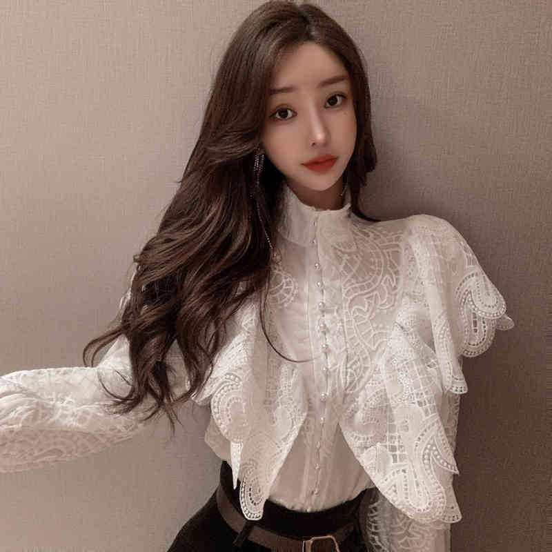 Spring Ruffles Lace Blouse Women's Stand Collar Lantern Sleeve Elegant Vintage Fashion Office OL Shirt 210519