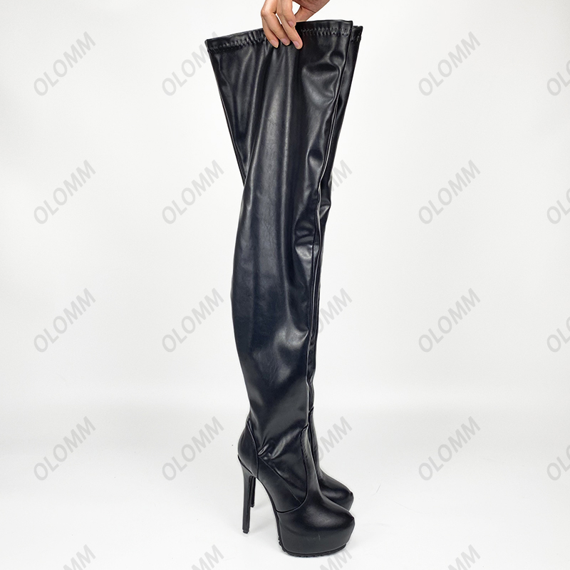 Rontic New Women Winter Platform Thigh Boots Full Side Zipper Stiletto Heel Round Toe Black Night Club Shoes Plus US Size 5-20