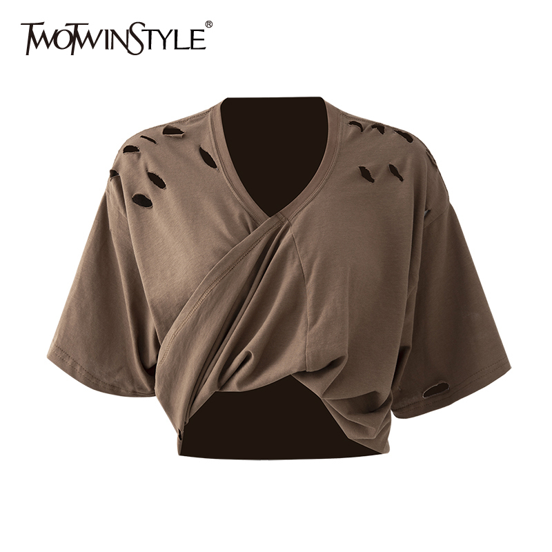TWOWINSYLE Coffee Casual Patchwork Hole Shirt For Women V Neck Short Sleeve Irregular Ruched Slim Shirts Female Style 210524, Black
TWOWINSYLE Coffee Casual Patchwork Hole Shirt For Women V Neck Short Sleeve Irregular Ruched Slim Shirts Female Style 210524, Black