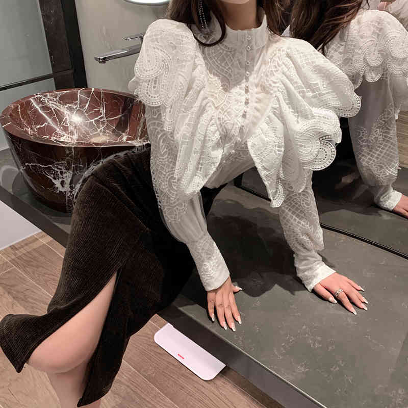 Spring Ruffles Lace Blouse Women's Stand Collar Lantern Sleeve Elegant Vintage Fashion Office OL Shirt 210519