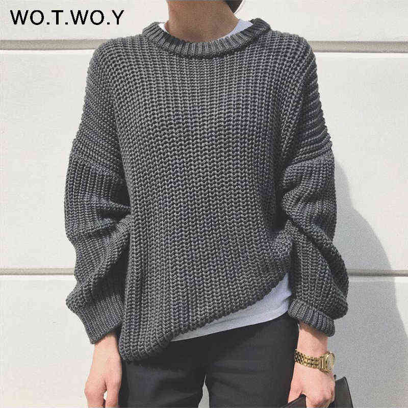WOTWOY Elegant Autumn Oversized Sweater Women Solid Loose Knitted Sweaters Women Long Sleeve Pullover Female Jumper Cashmere 211109