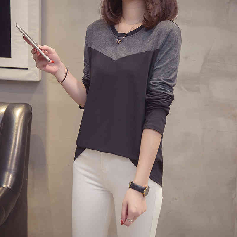 Plus Size Patchwork T-shirts Women Spring Autumn Casual Loose Long Sleeve Tops Tees Korean Style Oversize Ladies Tshirt 210406