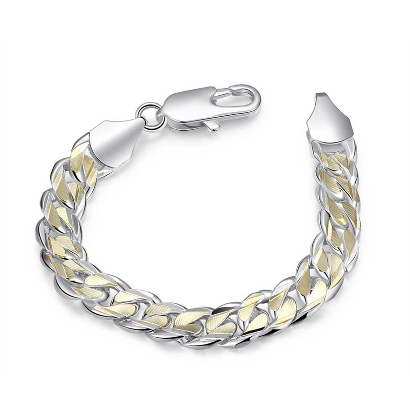 

Classic Men Chain Bracelet Copper 925 Silver Plated Curb Color Seperate Flat Clasp Women Link Bracelets 10mm width