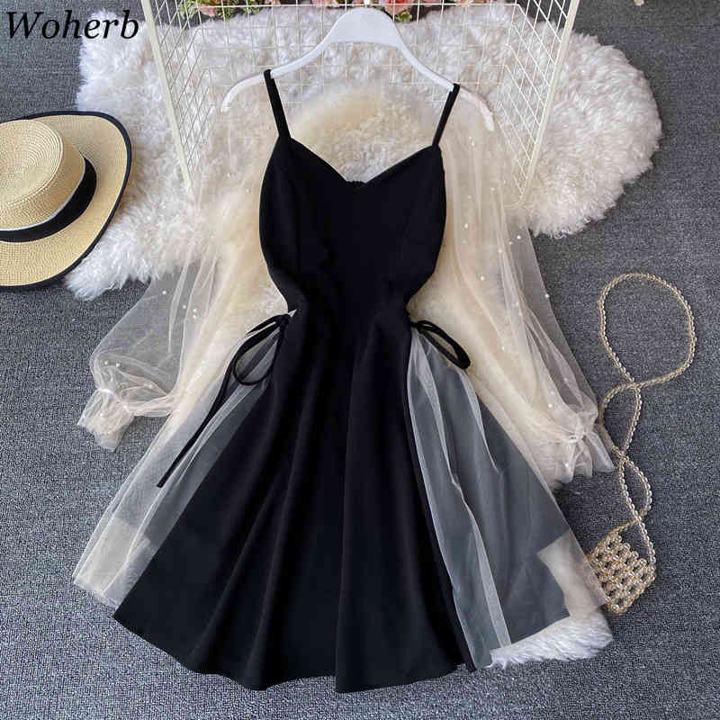 Women Dress Summer Puff Sleeves V-neck Patchwork Gauze Robe Sweet Beaded Dresses Korean Elegant Slim Waist Midi Vestidos 210519