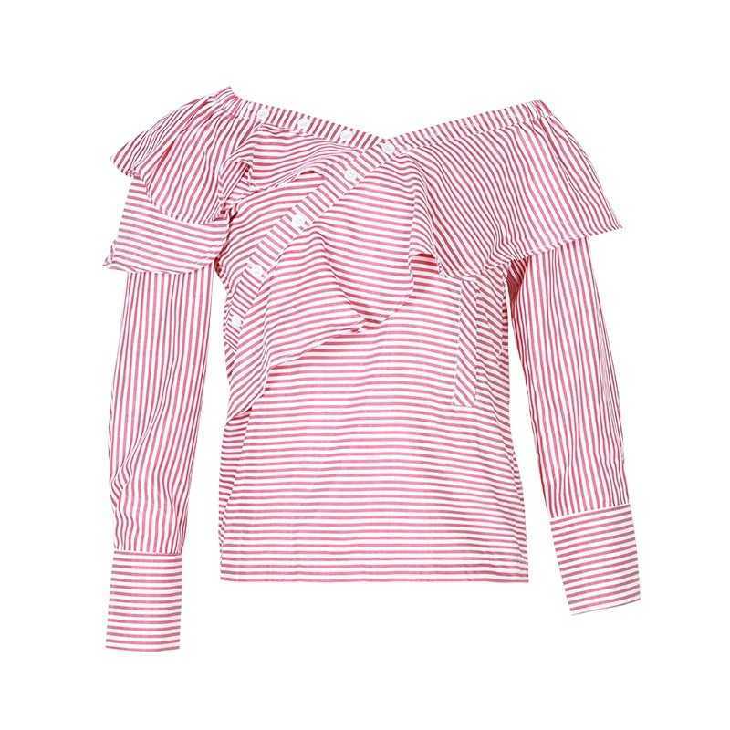 Spring Irregular Silm Blouses for Women Chic Backless Stripe Long Sleeve Shirts Fashion Ruffles Patchwork Female Tops 210525