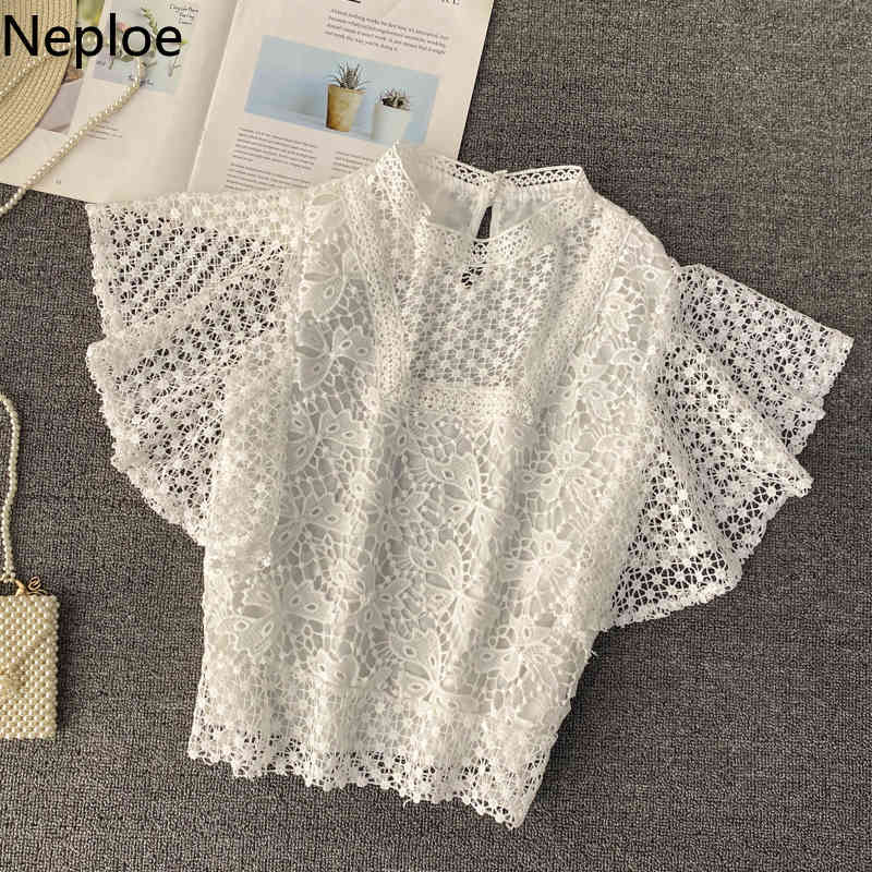 Neploe Blusas De Mujer Summer Women Lace Tops Korean Fashion Clothes See Throught Shirts Stand Neck Elegant Ladies Blouses 210422