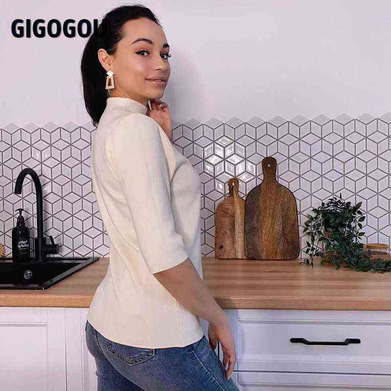 GIGOGOU Spring Autumn Women Sweater Solid Half Sleeve Knitted Pullovers Top Fall Chic Female Jumper Jersey Shirt Pull Femme 211109