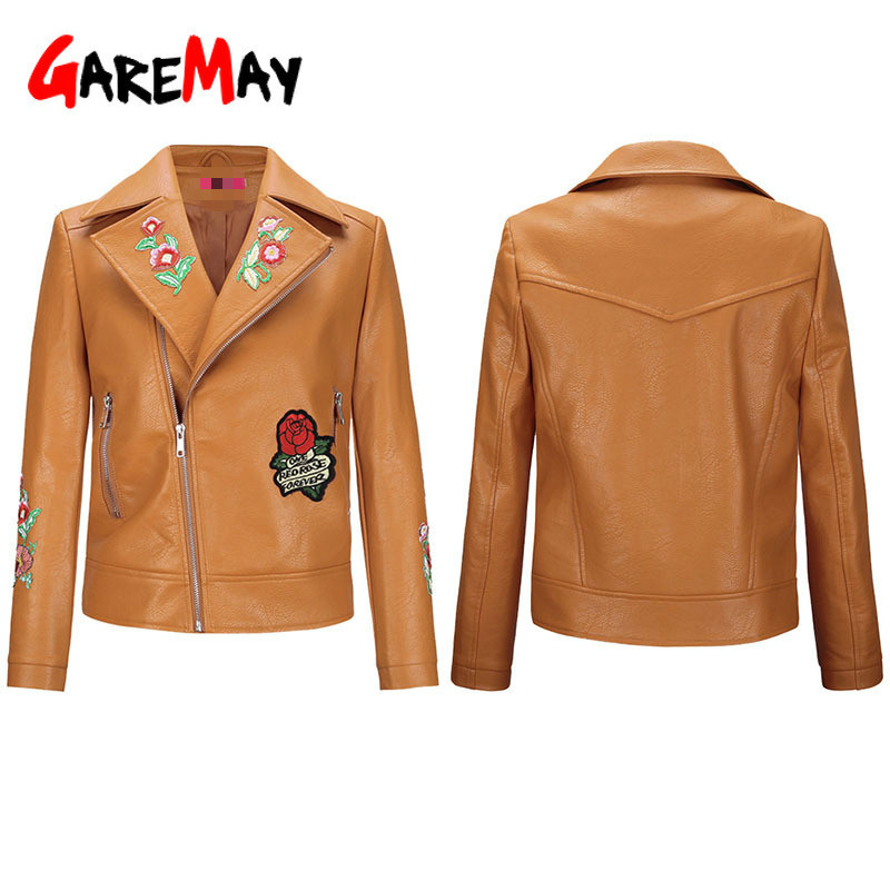 Women Floral Print Embroidery Faux Leather Jacket Coat Turn-down Collar Casual Pu Motorcycle Black Punk Outerwear plus size 210428
