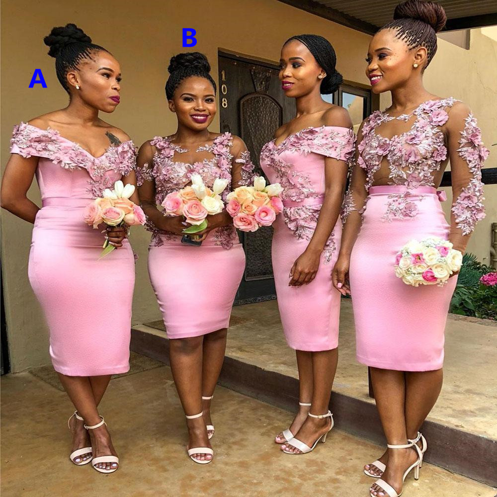 Tea-length Pink Bridesmaid Dresses Lovely 3D Floral Lace Applique African Junior Maid of Honor Wedding Guest Party Sister Dress
