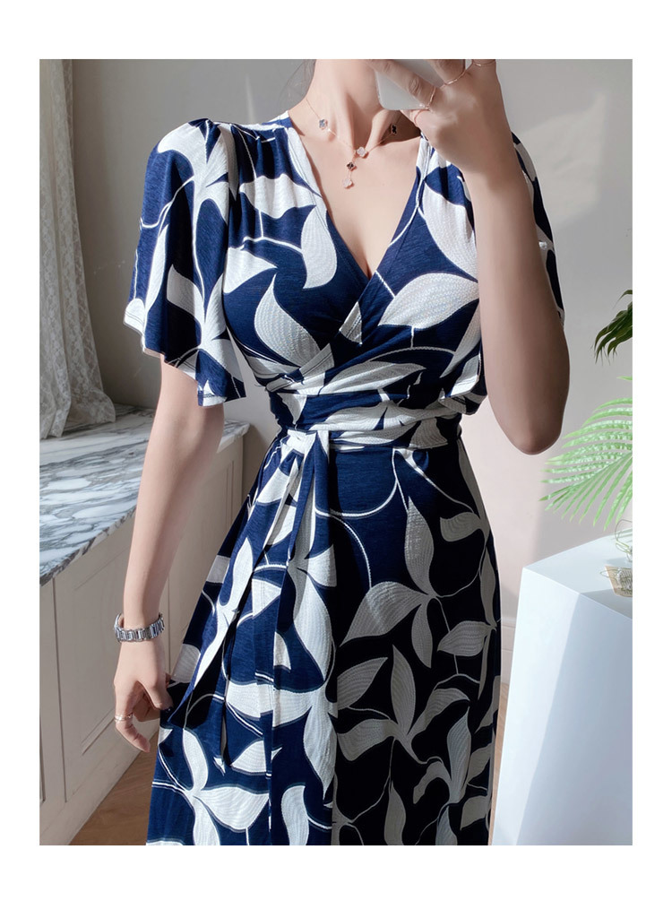 Summer Women Elegant Wrap Party Dress Floral Print V-Neck Short Sleeve Casual Slim Holiday beach Midi Robe 210519