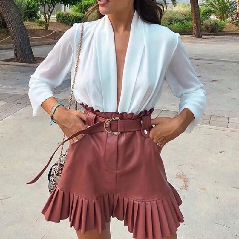 Women Skirt High Waist Pleated Black Pu Leather Plus Size All Match Short Summer s Clothes Fashion 210524