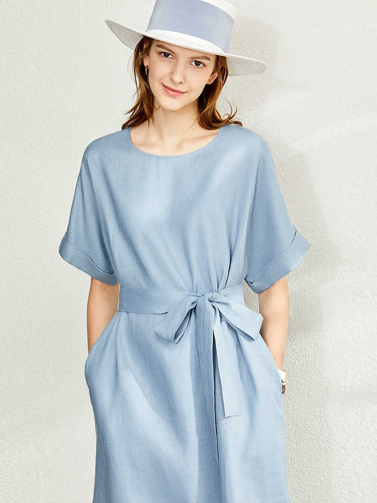 Minimalism Causal Women's Dress Offical Lady 100%Linen Oneck Loose Belt Calf-length Summer 12140192 210527
