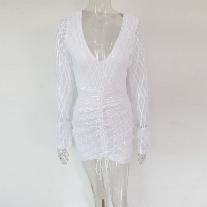 Beyprern Beautiful Sequin Glam Mini Dress Elegant Ruched Feather Patchwork Bodycon White Year Party Chirstmas Outfits 210623