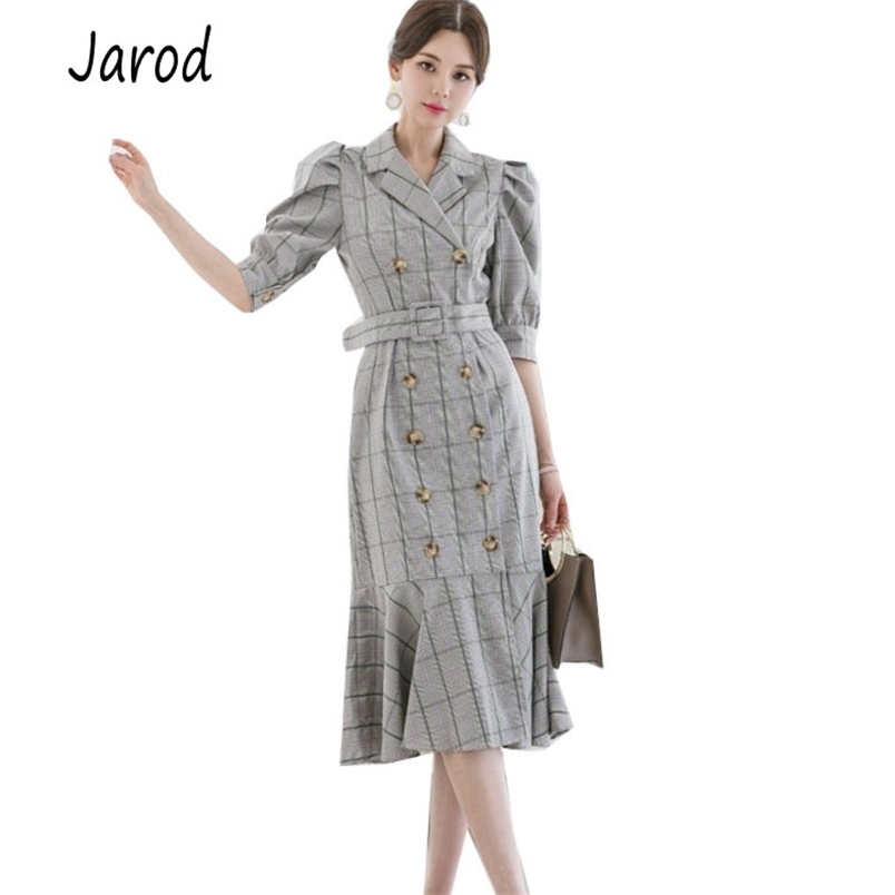 Korean Women Fashion Elegant Double Breasted Gray Plaid OL Style Midi Dress High Quality Ruffles Fishtail With Belt 210519