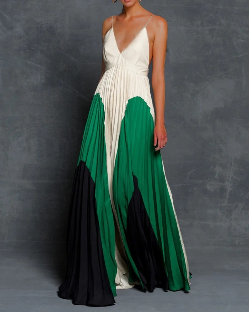 Women Dress V-neck Sleeveless Pleated Sling Dresses Color Matching Plus Size Vintage Sexy Long Fashion 210524, Yellow
Women Dress V-neck Sleeveless Pleated Sling Dresses Color Matching Plus Size Vintage Sexy Long Fashion 210524, Yellow