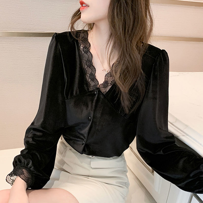 Gold Velvet Lace Women's Shirt Autumn and Winter Korean Slim V-neck Blouse Women Long Sleeve Bottoming 12627 210427